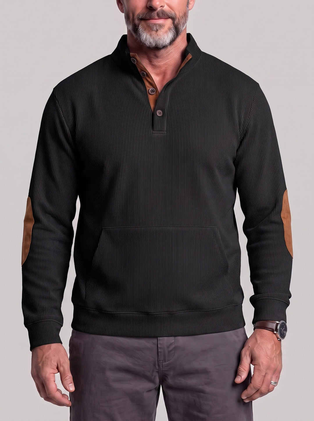 Pull boutonné à poche kangourou noir — vue de face