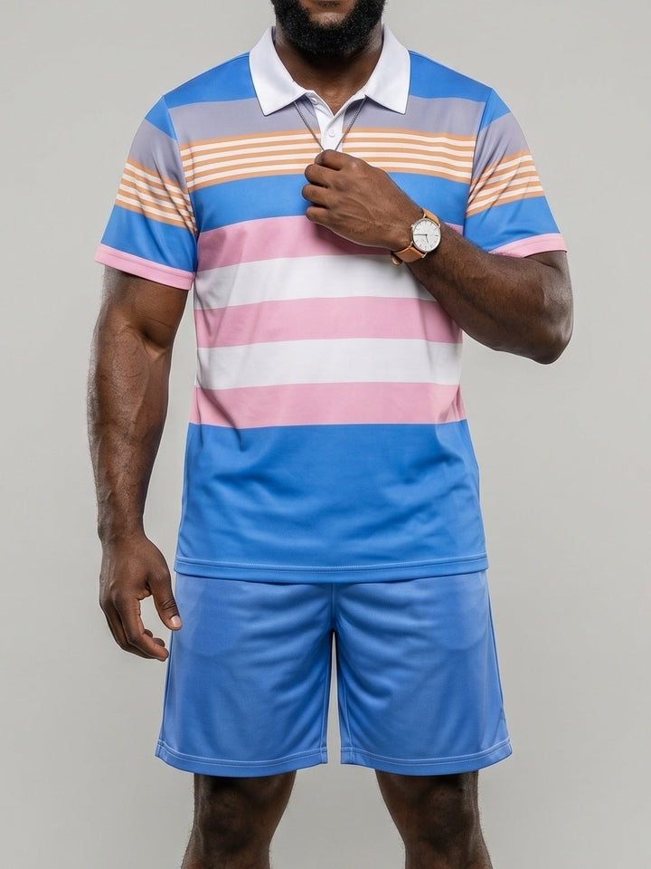 Tenue polo rayé bleu, vue portée de face