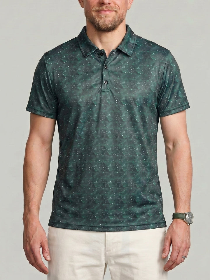 Polo graphique vert foncé, vue portée de face