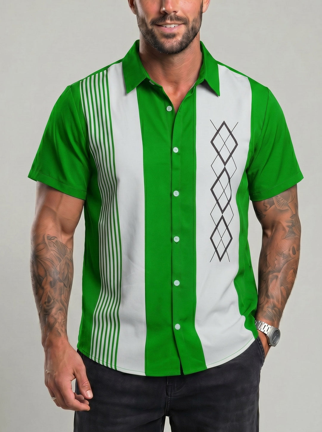 Chemise à imprimé géométrique vert gazon, vue portée de face