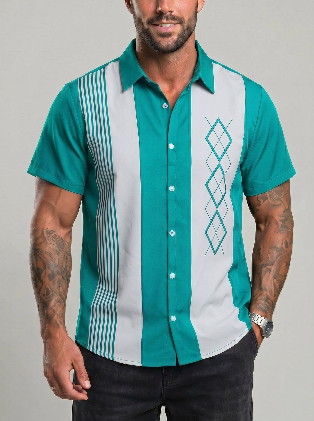 Chemise à imprimé géométrique rétro, porté