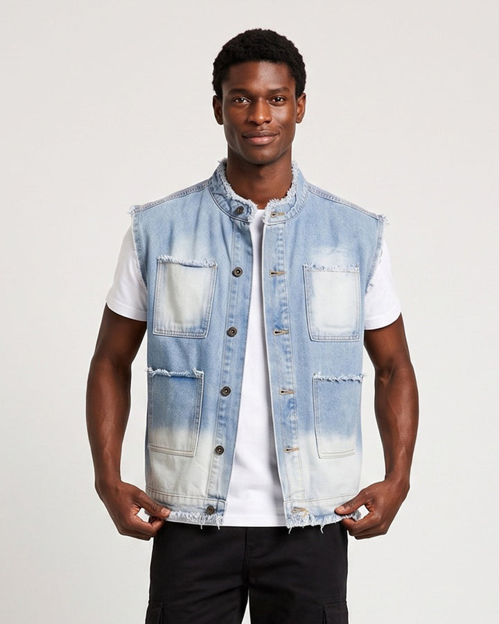 Gilet en denim sans manches bleu délavé — vue de face