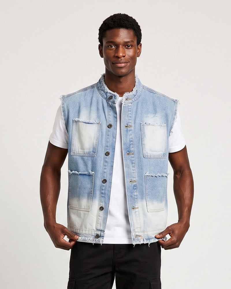 Gilet en denim sans manches bleu délavé — vue de face