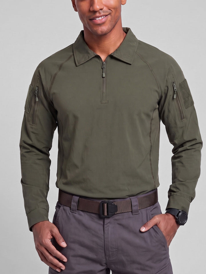 Polo manches longues col zippé vert militaire — vue portée de face