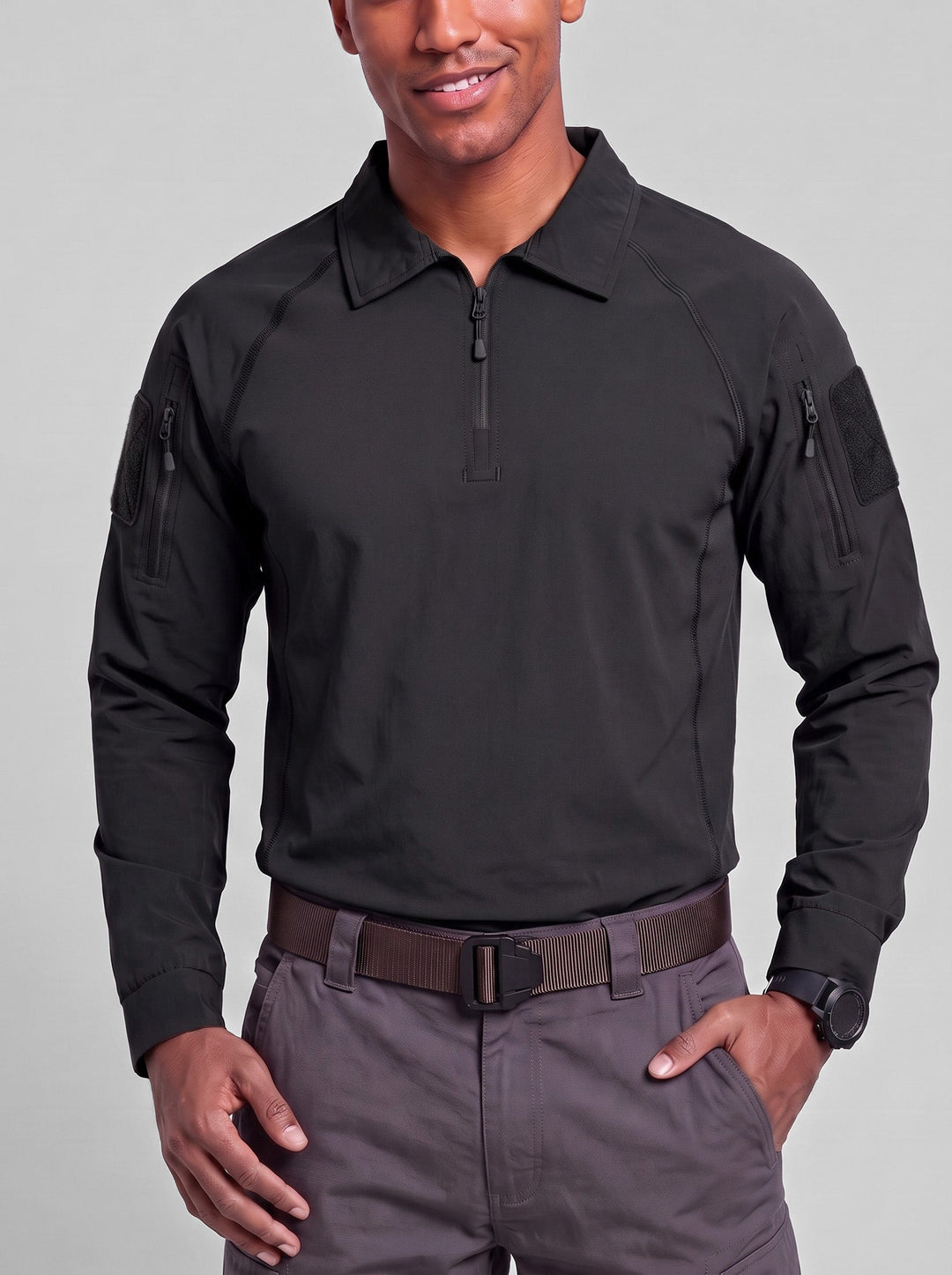 Polo manches longues col zippé noir — vue portée de face
