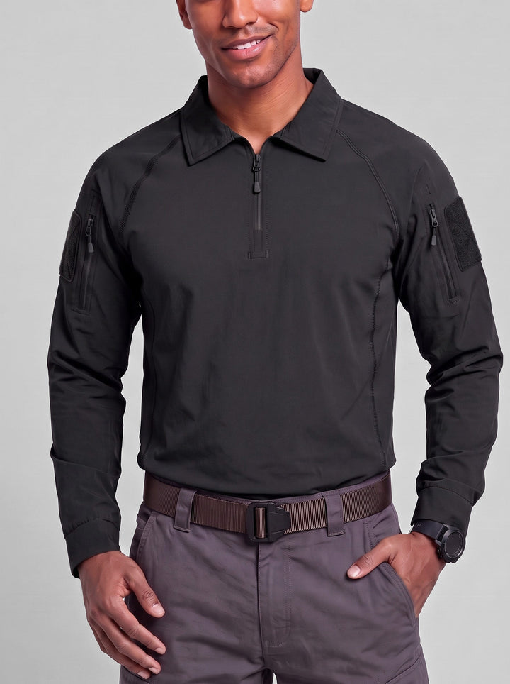 Polo manches longues col zippé noir — vue portée de face