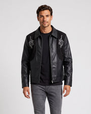 Blouson noir à motifs de dragons brodés, vue portée de face