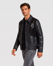 Blouson noir à motifs de dragons brodés, vue portée de trois-quarts