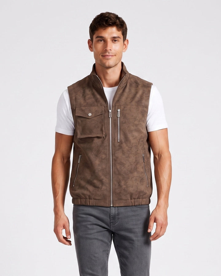 Gilet sans manches zippé effet suède café — vue de face