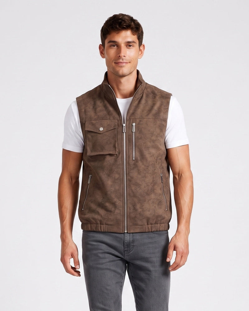 Gilet sans manches zippé effet suède café — vue de face