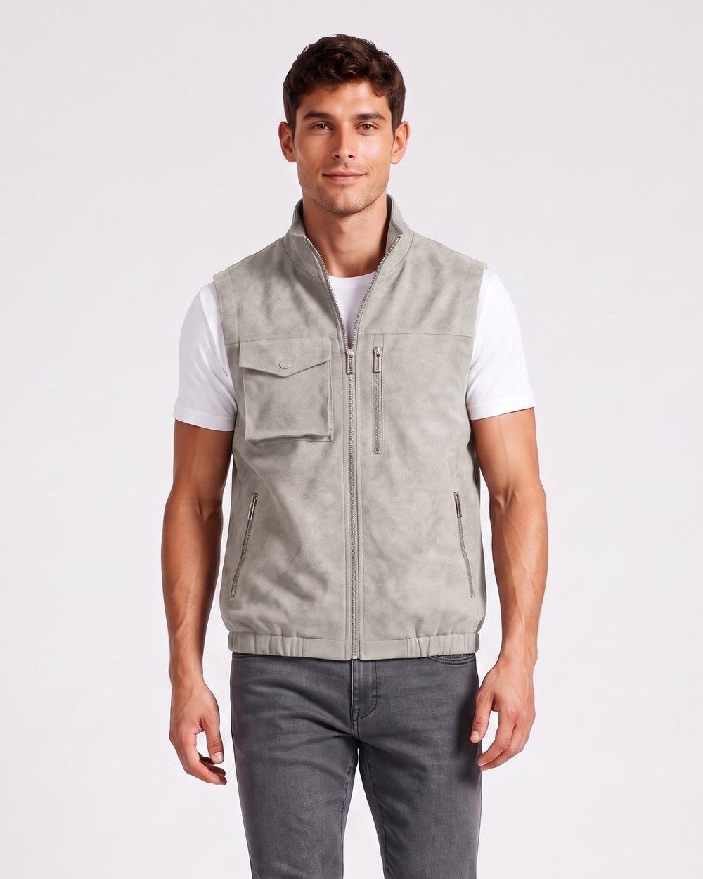 Gilet sans manches zippé effet suède gris — vue de face