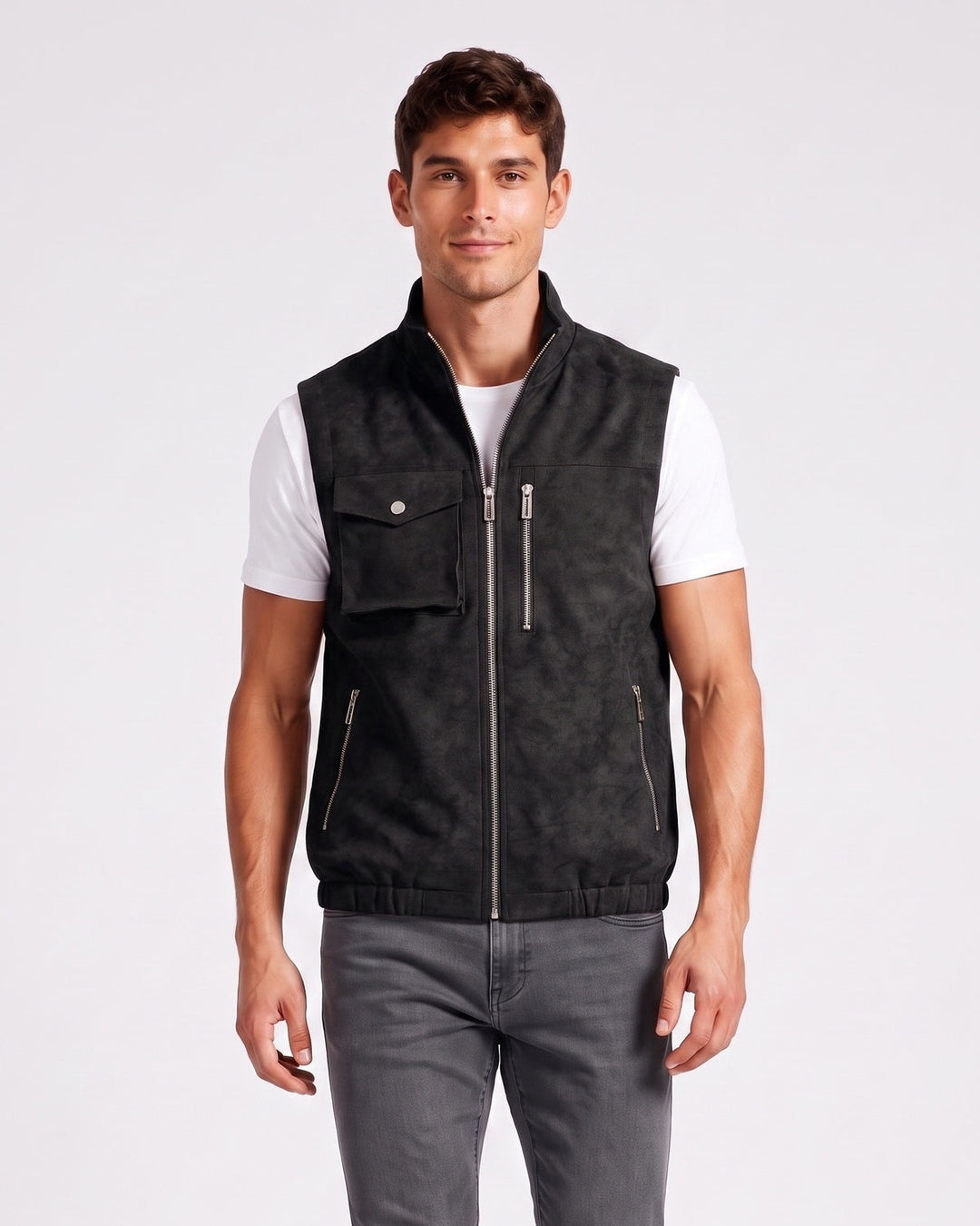 Gilet sans manches zippé effet suède noir — vue de face