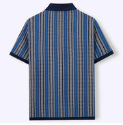 Chemise tricotée à manches courtes bleu, doré et blanc — vue à plat, de dos