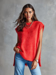 Gilet rouge mohair col bateau — vue portée en pied, coupe longue