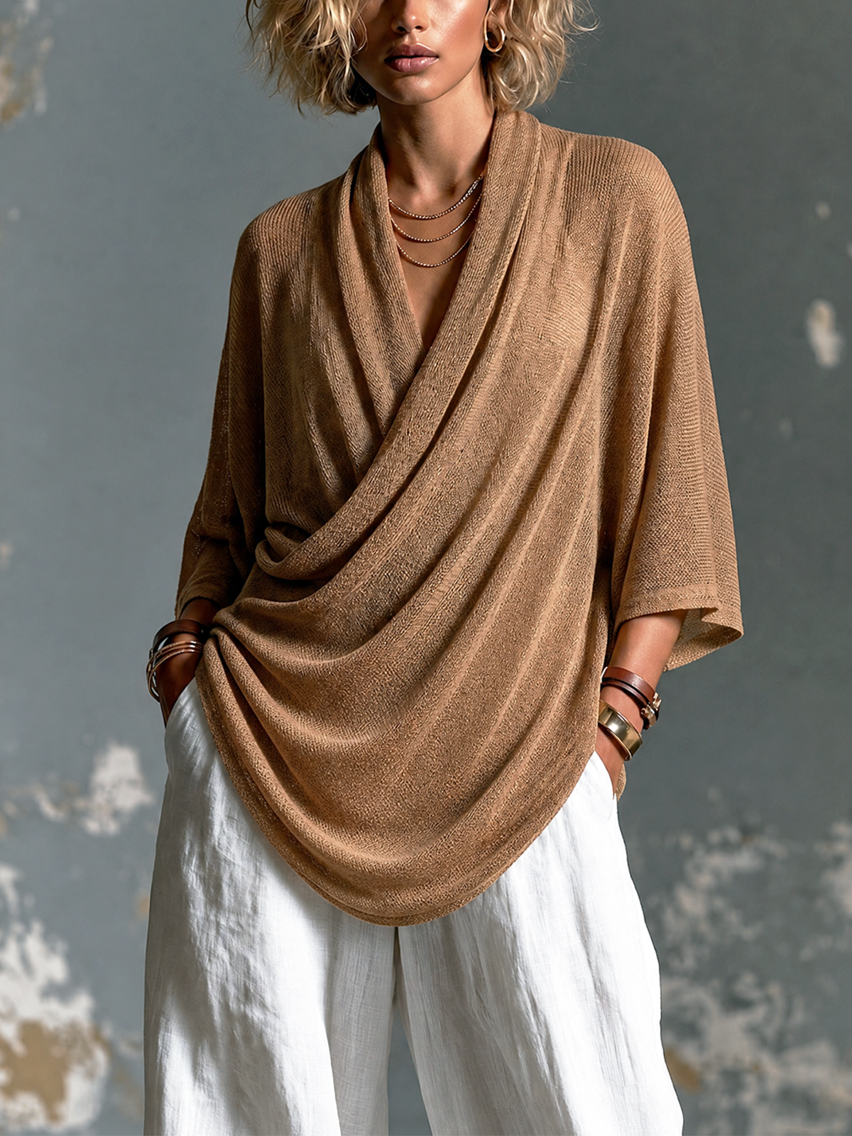 Pull camel col drapé asymétrique — vue portée de face, cadrée à la taille, drapé croisé sur le buste