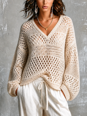 Pull écru ajouré manches ballon — vue portée de face, maille ajourée à grosses mailles, pantalon blanc large