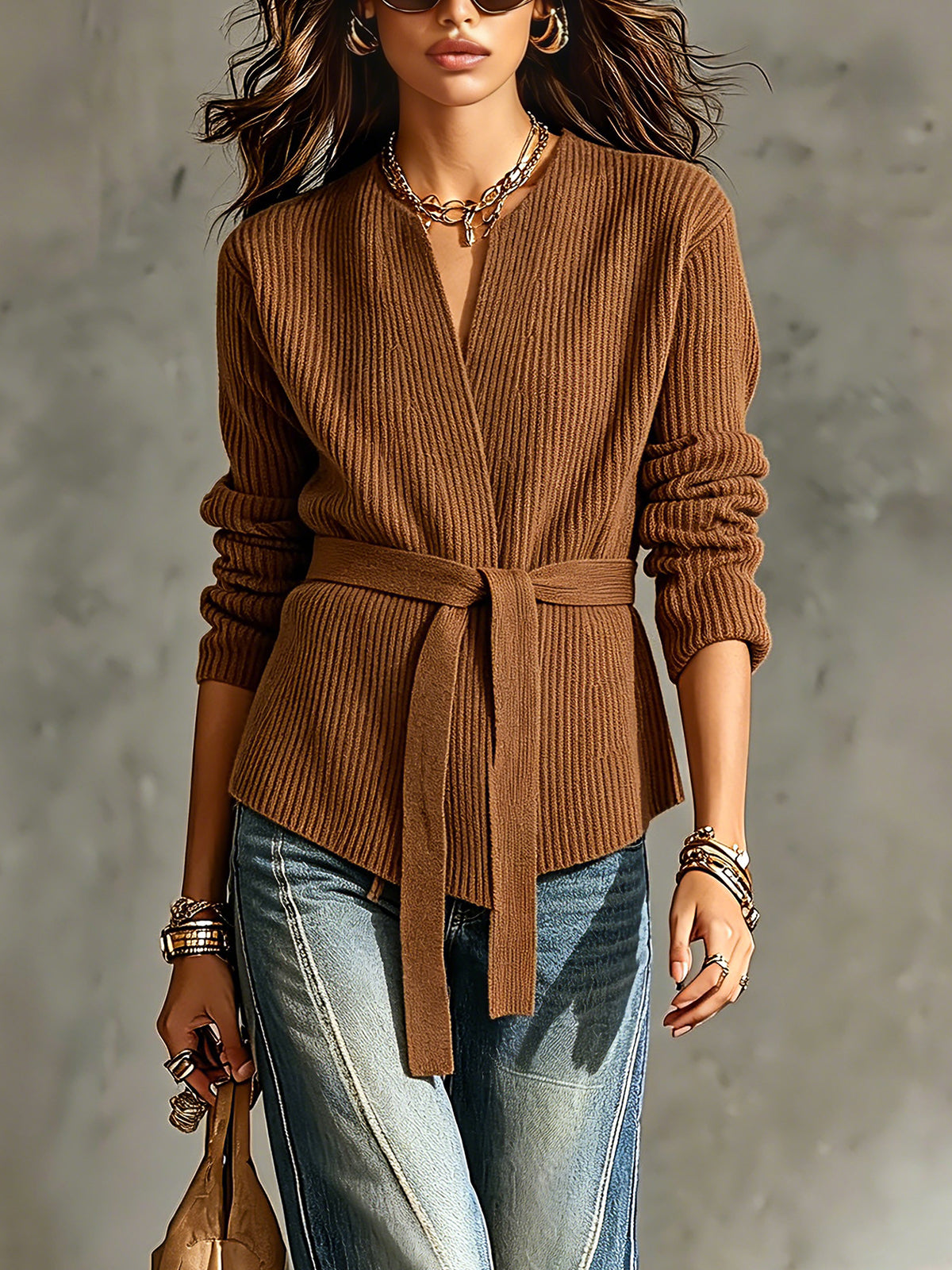 Cardigan brun côtelé à nouer — vue portée de face, ceinture nouée à la taille, jean bleu et colliers