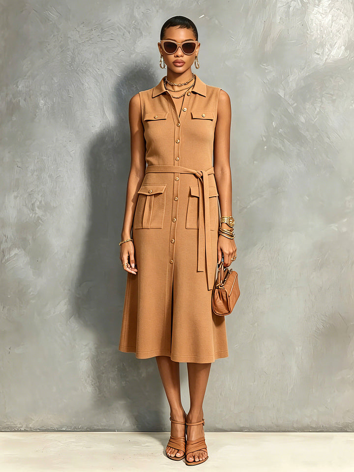 Robe midi camel à poches, vue d'ensemble de face