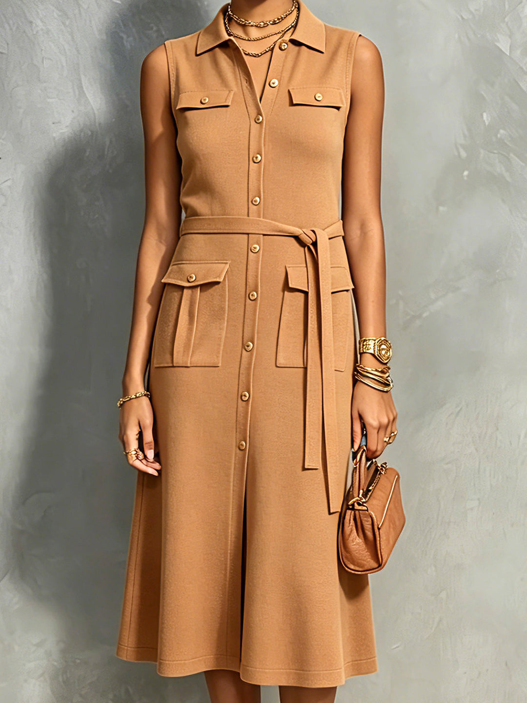 Robe midi camel à poches, vue rapprochée de face