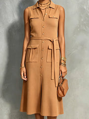 Robe midi camel à poches, vue rapprochée de face