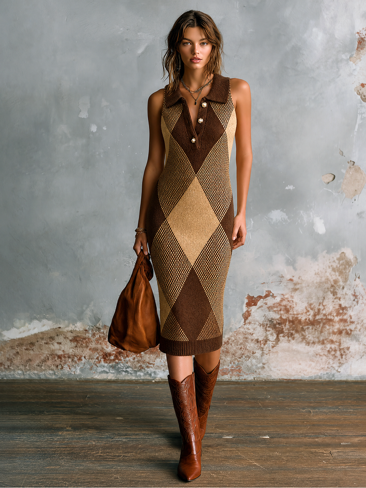 Robe midi brune à argyle, vue d'ensemble de face