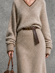 Robe midi avoine ceinturée, vue rapprochée de face