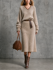 Robe midi avoine ceinturée, vue de face