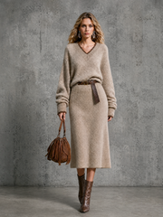Robe midi avoine ceinturée, vue d'ensemble de face