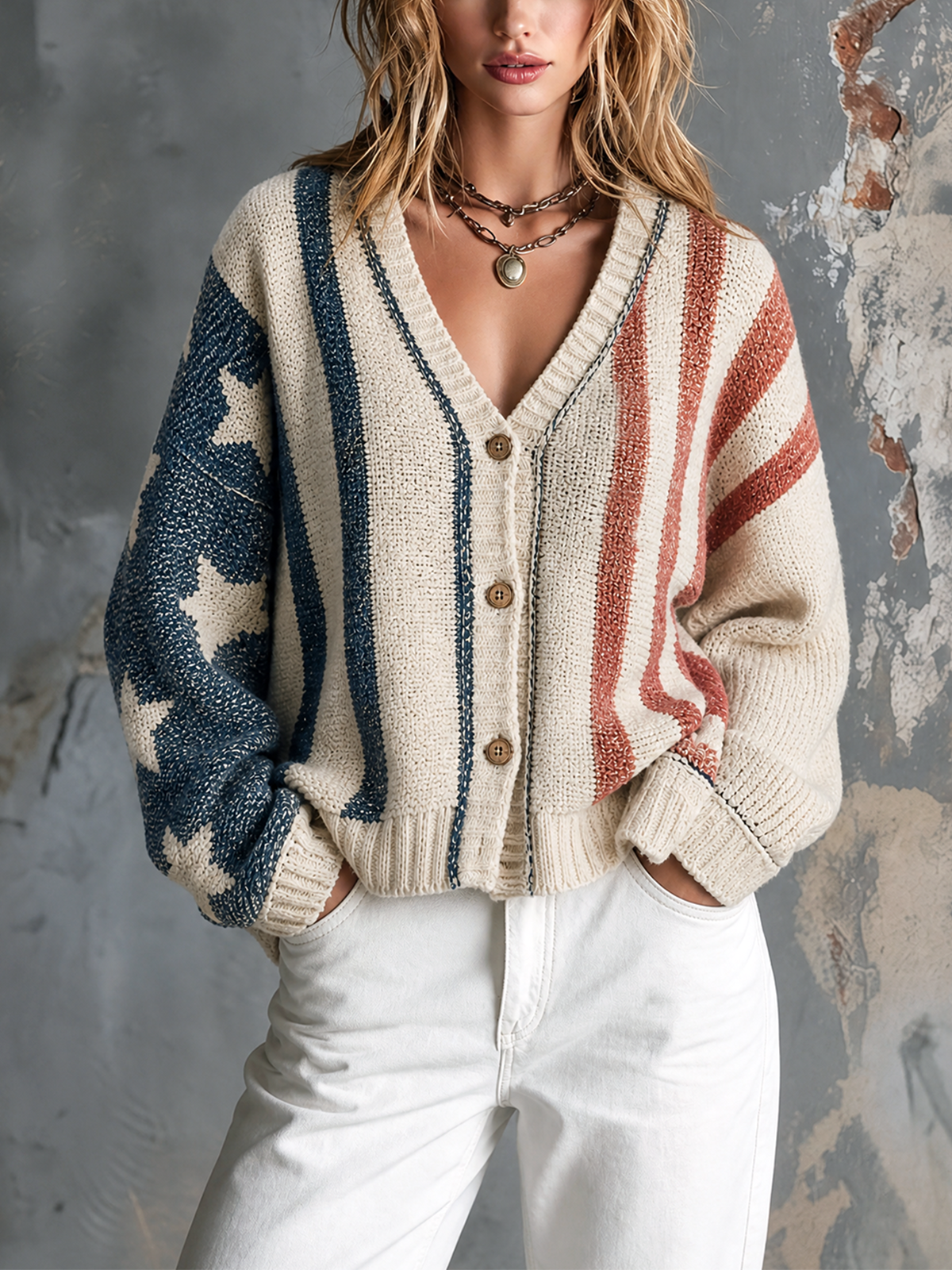 Cardigan écru étoiles et rayures — vue portée en pied, manche bleue à étoiles et corps rayé, pantalon blanc