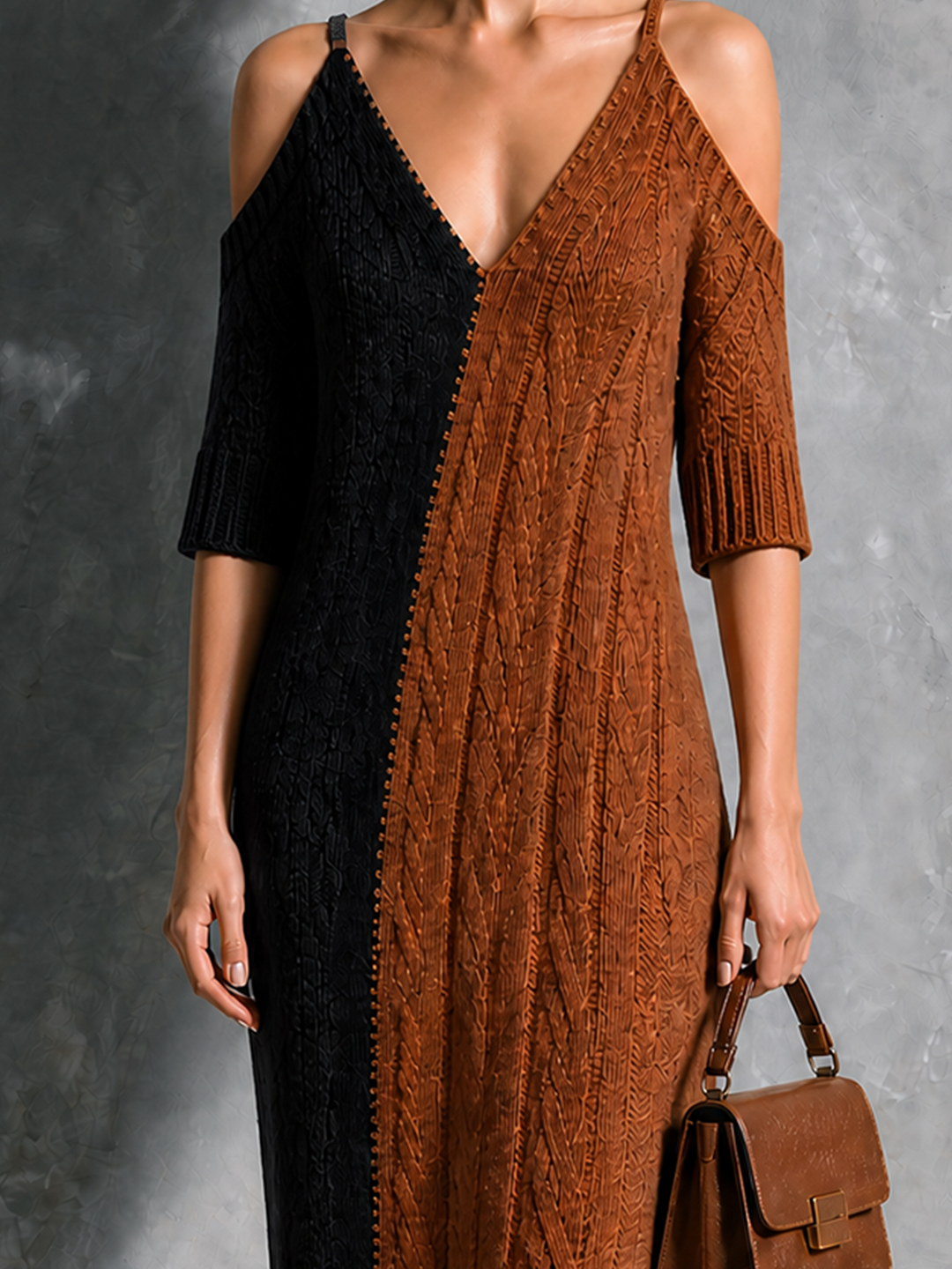 Robe midi noire et brune, gros plan des épaules dénudées