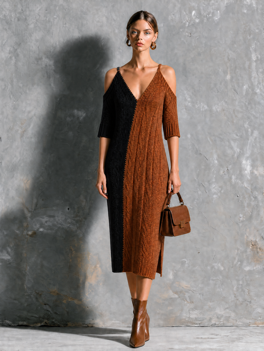 Robe midi noire et brune, vue d'ensemble de face
