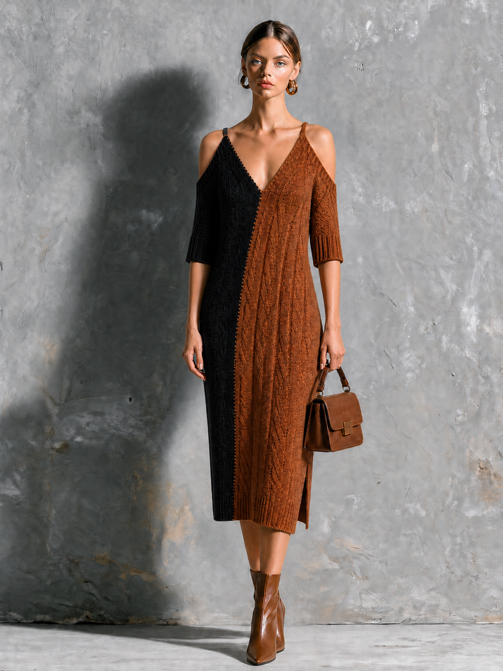 Robe midi noire et brune, vue d'ensemble de face