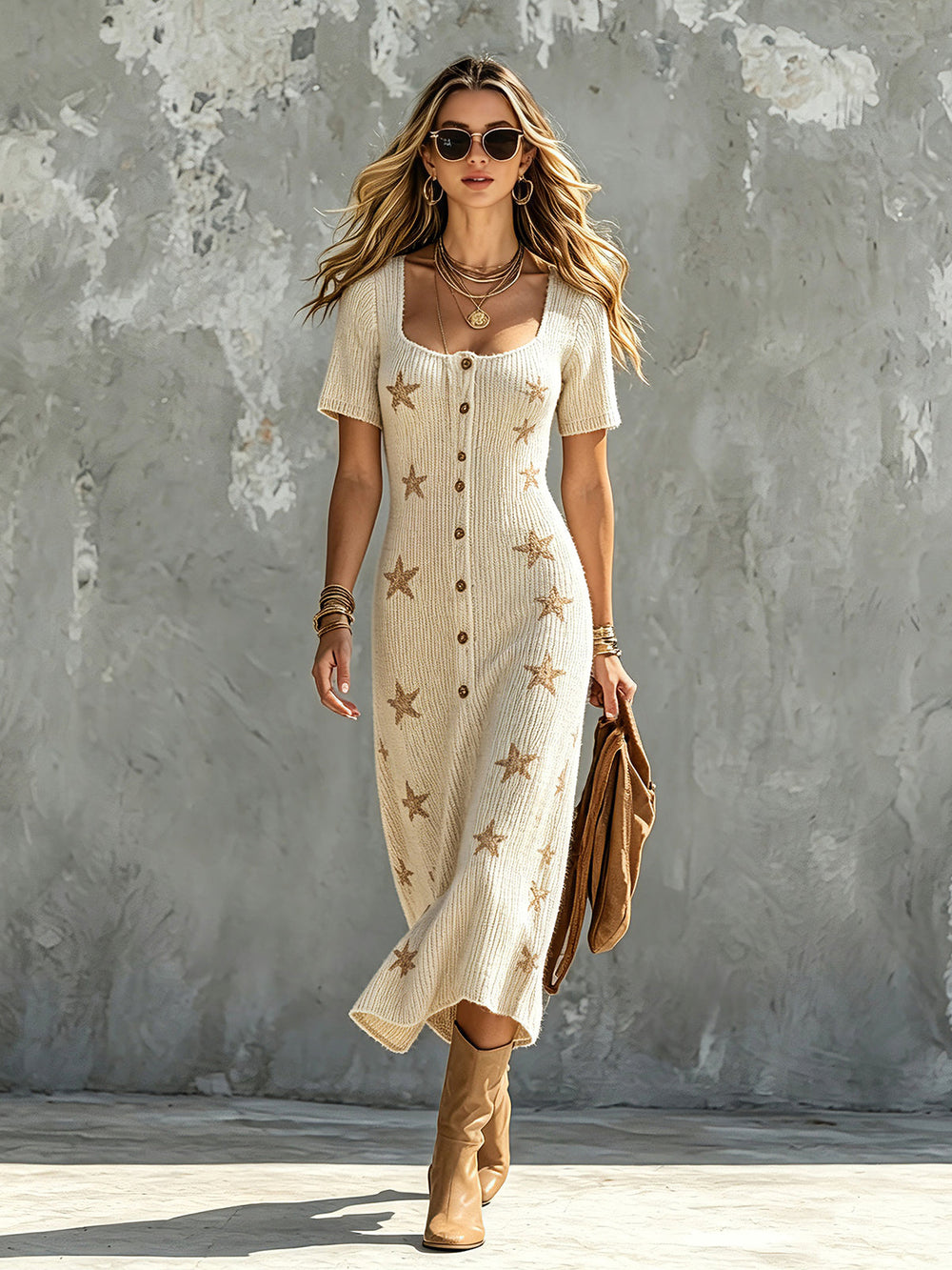 Robe midi beige à étoiles camel, vue d'ensemble de face