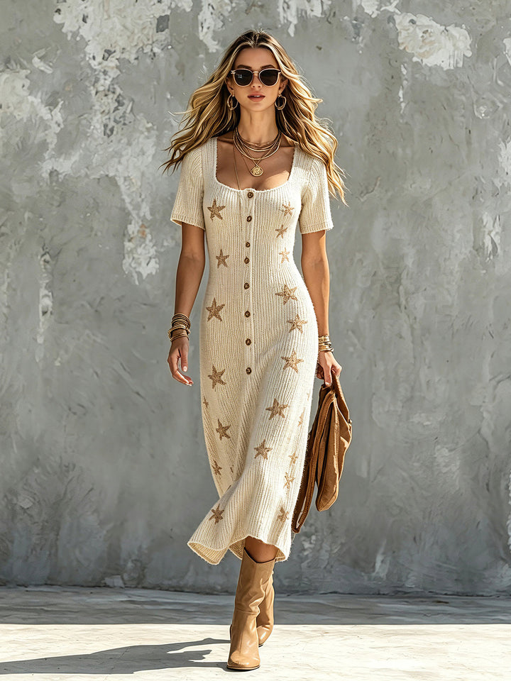 Robe midi beige à étoiles camel, vue d'ensemble de face