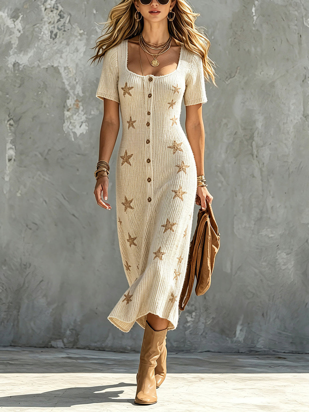 Robe midi beige à étoiles camel, vue de face