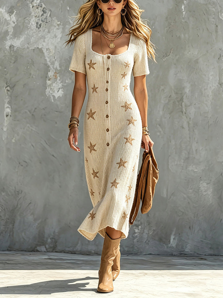 Robe midi beige à étoiles camel, vue de face