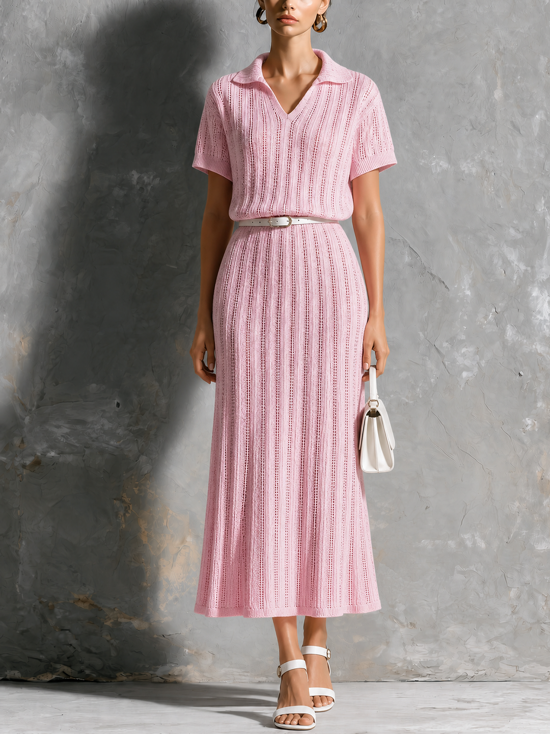 Robe midi rose à revers, vue de face