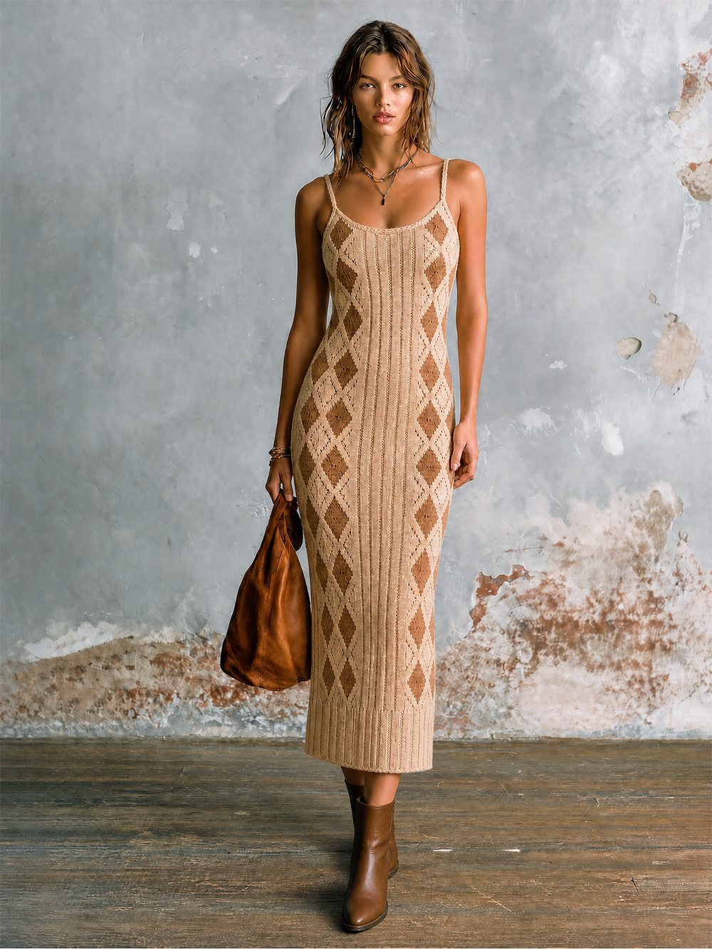Robe midi beige à argyle, vue d'ensemble de face