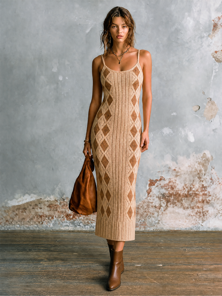 Robe midi beige à argyle, vue d'ensemble de face