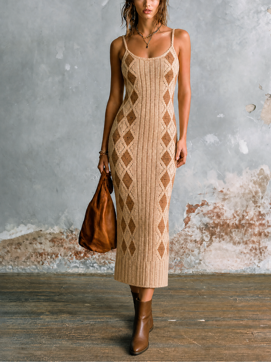 Robe midi beige à argyle, vue de face