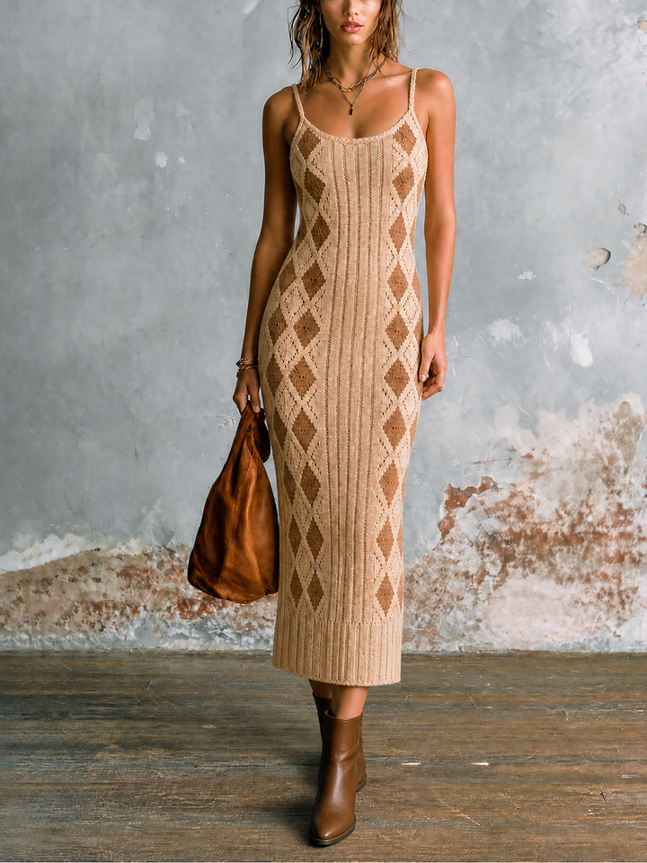 Robe midi beige à argyle, vue de face