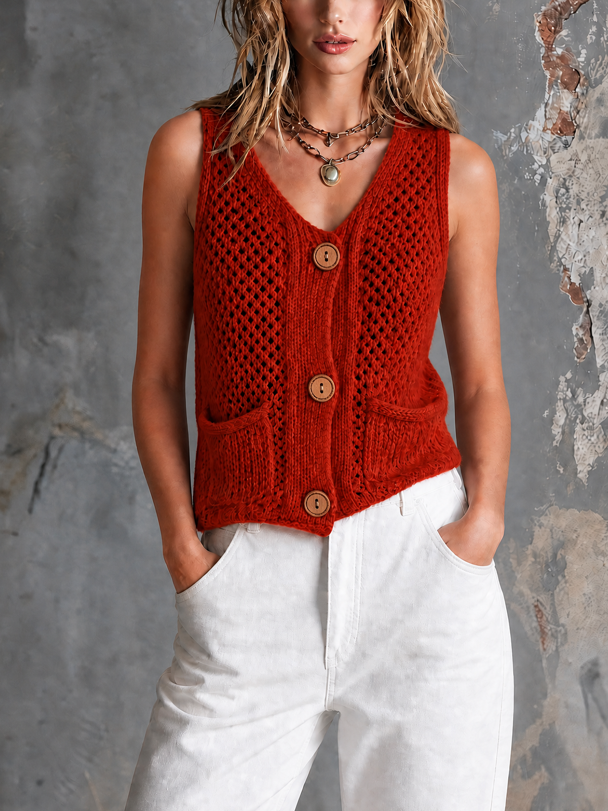 Gilet rouge ajouré col V — vue portée de face, trois gros boutons et poches plaquées, pantalon blanc