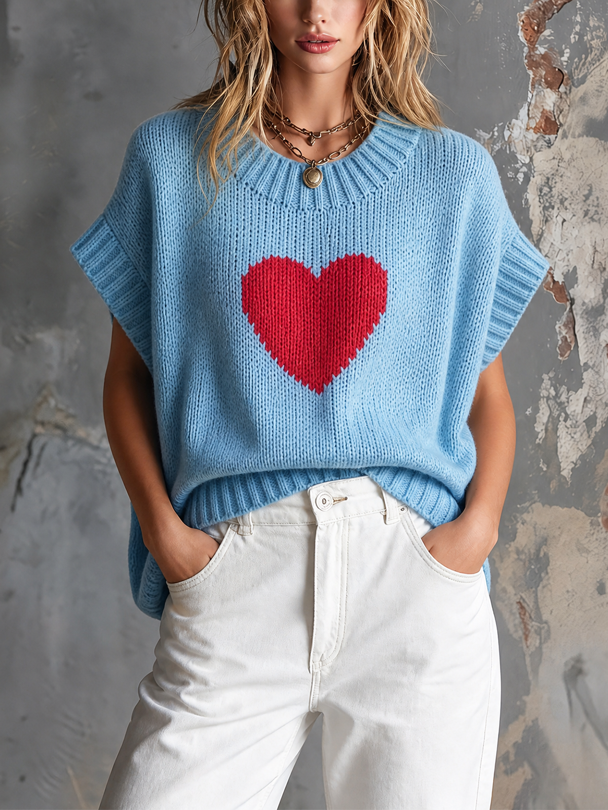 Pull bleu clair cœur rouge — vue portée de face, mains dans les poches