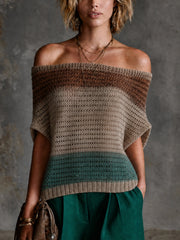 Pull rayé à épaules dénudées — vue portée en pied, blocs marron, beige et vert, pantalon vert assorti