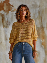 Haut jaune rayures et sequins — vue portée de trois-quarts, manches amples