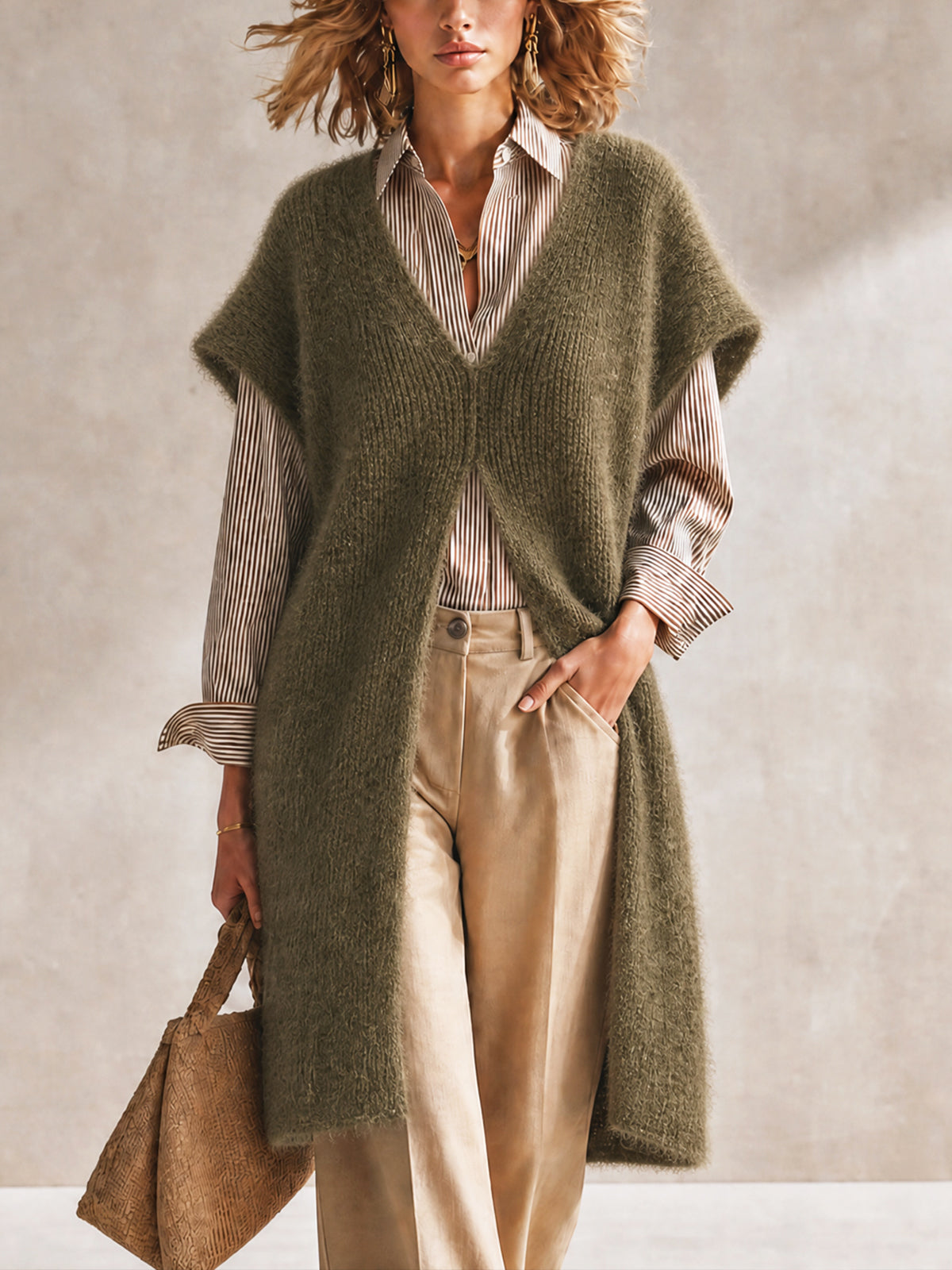 Gilet long vert olive à col V et ouverture devant — présentation portée.