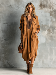 Robe midi caramel à poches — vue portée de face, autre pose
