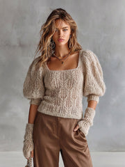 Pull avoine à encolure carrée — vue portée en pied, pantalon marron