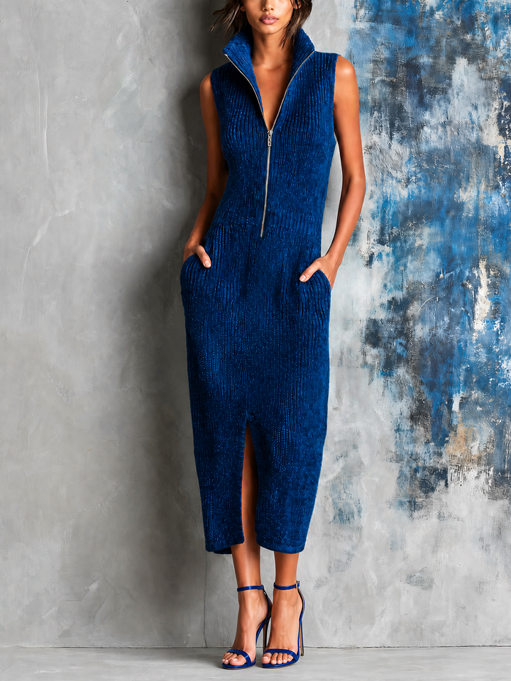 Robe midi bleu roi zippée, vue de face