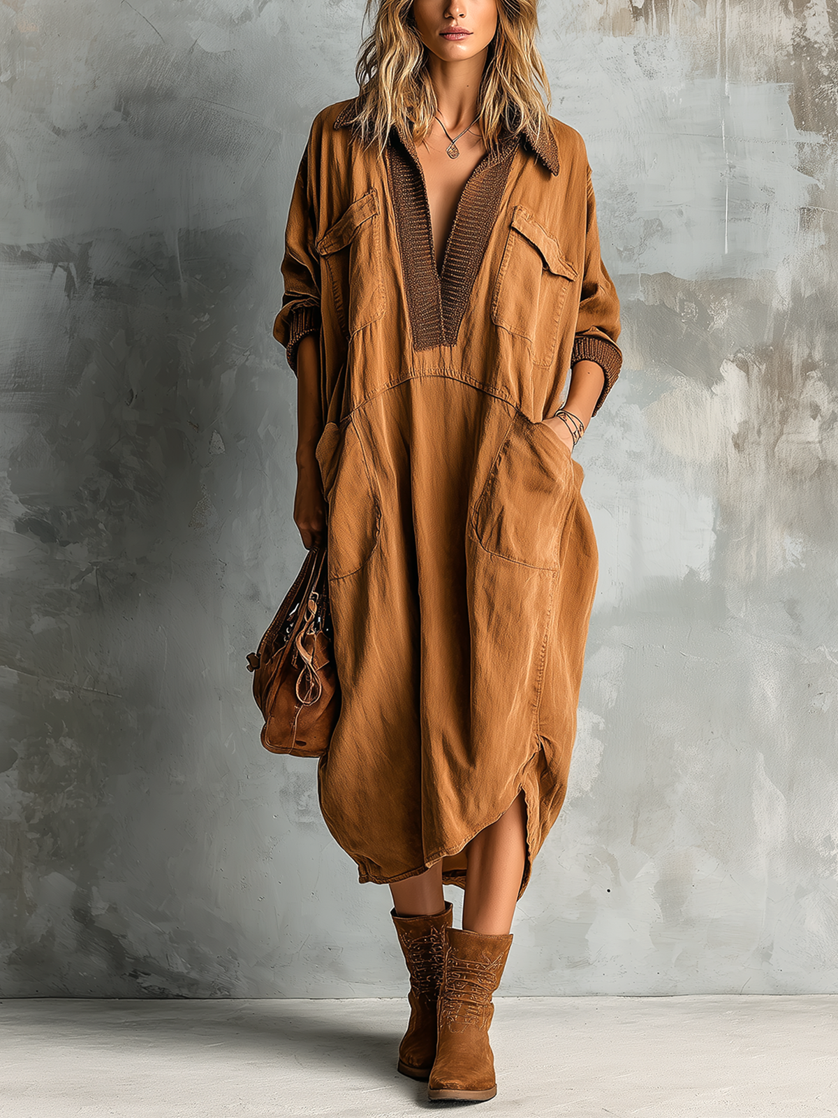 Robe midi caramel à poches — vue portée en pied, bottines en daim et sac en cuir marron assorti